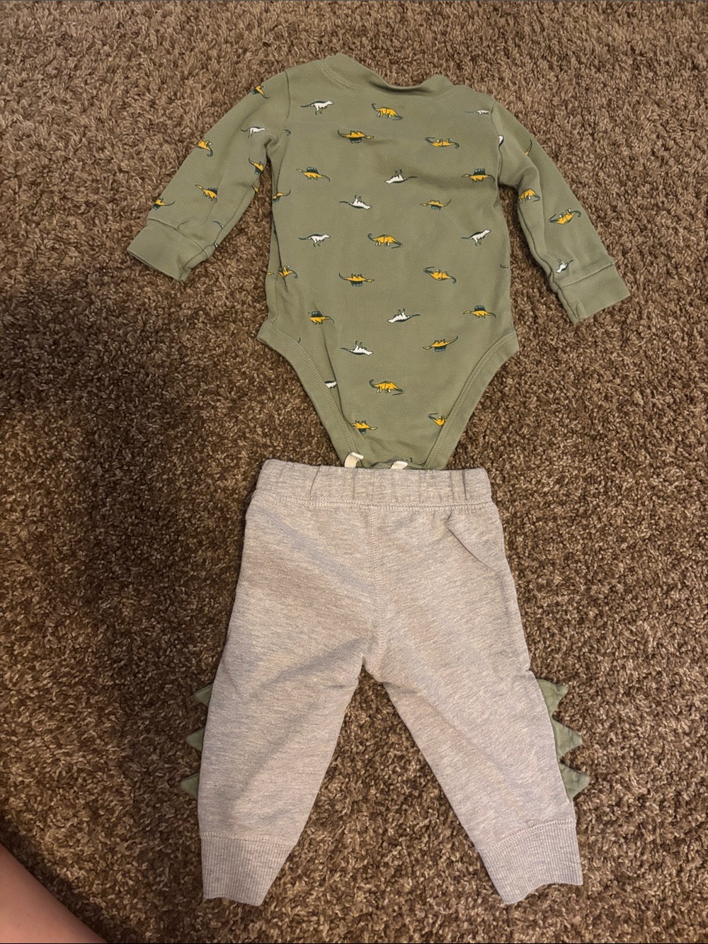 Carter's Green Dino Print Top with Gray Jogger Pants and Yellow Top with Pants - Picture 3 of 5